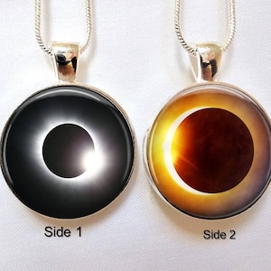 Solar Eclipse 2024 pendant Solar Eclipse necklace Double sided Solar Eclipse Charm Souvenir 16&quot;- 18&quot; silver snake chain