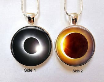 Solar Eclipse 2024 pendant Solar Eclipse necklace Double sided Solar Eclipse Charm Souvenir 16"- 18" silver snake chain