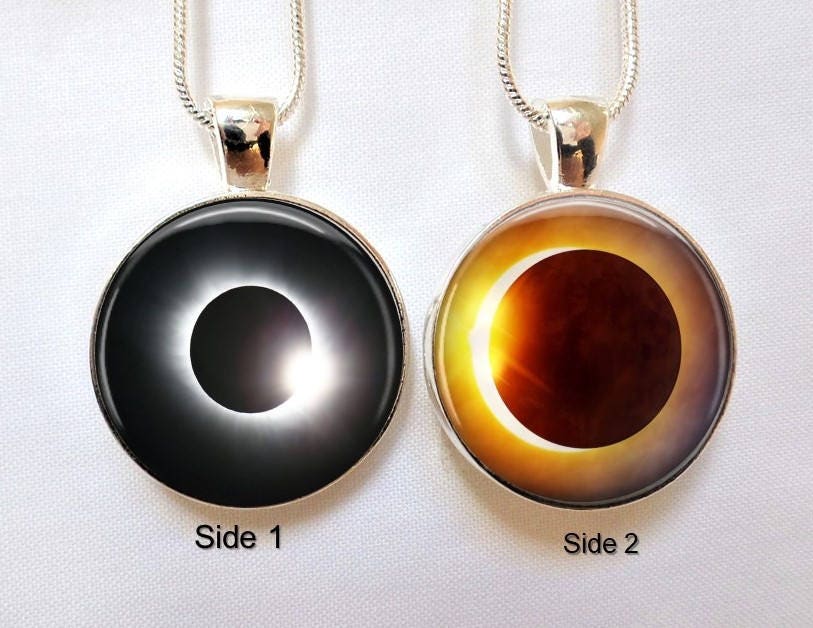 Solar Eclipse 2024 pendant Solar Eclipse necklace Double sided Solar Eclipse Charm Souvenir 16"- 18" silver snake chain