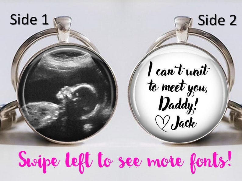 Custom personalized name words Ultrasound Sonogram double sided Silver Keyring Babys name on back with heart Ultrasound Keychain