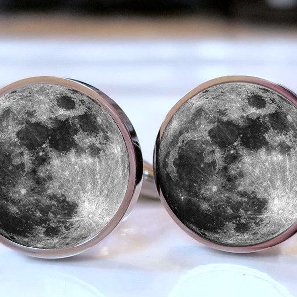 Moon Cufflinks - Choose Stainless Steel or Sterling Silver Plated Full Moon Cuff links - Galaxy Space Cufflinks- Astronomer Men's Gift