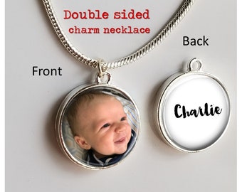 Custom Name Necklace Double Sided Photo Necklace - Custom Picture Charms of baby pets family - name or message on back