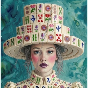 Affiche murale Mahjong sans cadre, représentant une jeune fille portant un chapeau de mahjong, par Kathryn, format 20 x 25 cm (8 x 10 pouces), format vertical.