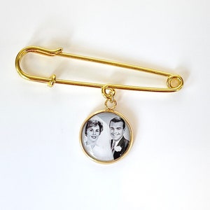 Gold Pin with gold photo charm Groom memorial pin Photo Lapel Pin custom photo Boutonniere Brooch
