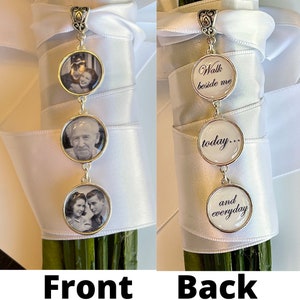 Bridal Bouquet photo Charm dangle set with sample words on back - 3 Wedding Bouquet Memory picture Charm of Dad Bridal Shower Gift