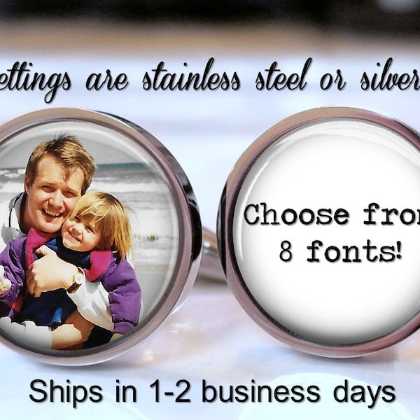 Custom cufflinks and personalized cufflinks one cuff a photo the other cuff is a Personalized Message with Font options Photo Cufflinks