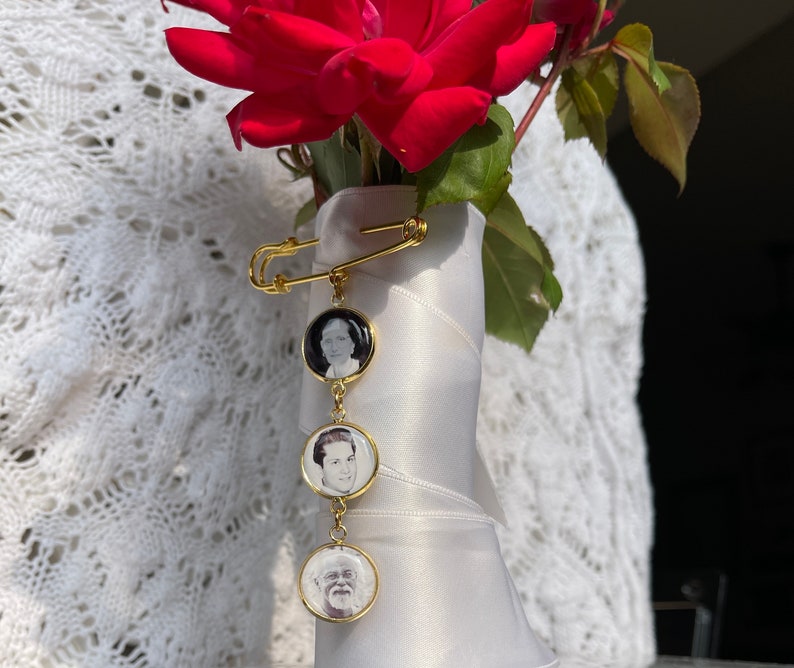 Gold Bridal Bouquet Charm dangle set with 1,2,3,4 5 photo charms on gold pin - Gold Wedding Bouquet Memory picture Charms Bridal Shower Gift image 5