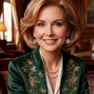 May include: A woman with short, wavy blonde hair smiles, wearing a dark green jacket with gold floral embroidery. She wears a double strand pearl necklace and round, silver earrings. A gold ring is visible on her finger.