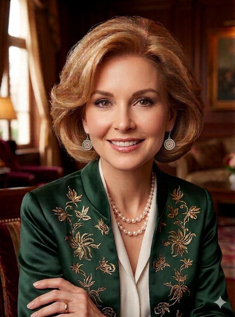 May include: A woman with short, wavy blonde hair smiles, wearing a dark green jacket with gold floral embroidery. She wears a double strand pearl necklace and round, silver earrings. A gold ring is visible on her finger.