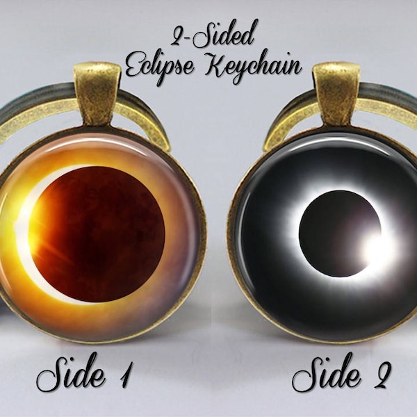 Total Solar Eclipse keychain  - double sided 2 sided choose antique bronze or shiny silver key chain