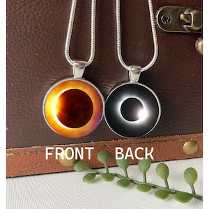 Total Solar Eclipse Necklace 2024 pendant Double sided Solar Eclipse Charm Souvenir 16&quot;- 18&quot; silver snake chain