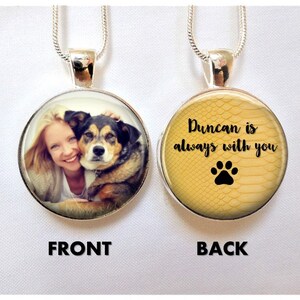 Personalized Dog Photo Necklace Custom Picture Cat Pet Photo Pendant with name or message on back - Sterling Silver Plated