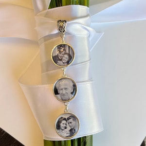 Bridal Bouquet photo Charm dangle set single sided with 3 pictures- Wedding Bouquet Memory picture Charm of Dad Bridal Shower Gift