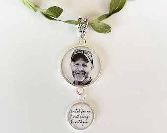 Bridal Bouquet photo charm dangle set with personalized words on little charm - in Memory picture of Dad Bridal Shower Gift includes vine
