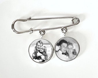 Groom Memorial Photo Pin custom memorial photo Boutonniere Lapel Pin Brooch with loops for 1, 2 or 3 charms with pictures