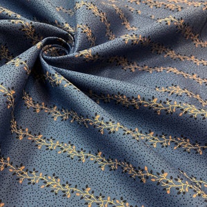 Cotton Reproduction Fabric - Floral vine stripes on Solid indigo blue - 1820-1890 - by the yard - 45" WIDE - EP Cotton #512