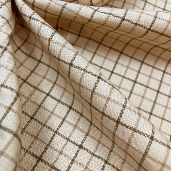 Homespun Yarn Dyed Woven Cotton Fabric in a lovely natural beige, grey, and brown plaid - 45" Wide, by the yard - EP Cotton #495