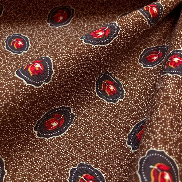 Brand NEW!! Cotton Reproduction Fabric - Bold red rose oval motifs on brown - Floral - 1820-1895 - by the yard, 45" WIDE - EP Cotton #542