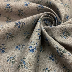 Cotton Reproduction Fabric - Blue Floral Sprigs on Patterned Grey Background, 1820-1890 - by the yard, 45" WIDE - EP Cotton #605