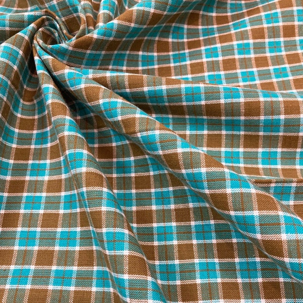 Homespun Cotton Fabric - Teal/Brown/White plaid - Teal checked cotton fabric - 100% Cotton - 45" Wide - by the yard - EP Cotton #548