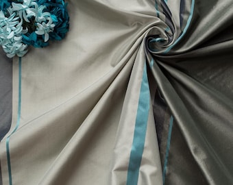 Silk taffeta fabric - Green, Moss, Ocean Blue stripe - Embossed Satin Ribbon - by the yard - 100% silk - 54" WIDE - EP Silk #757