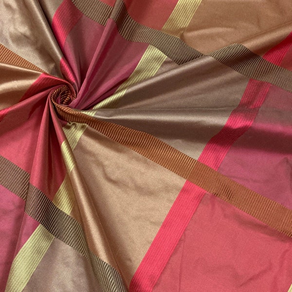 Silk taffeta plaid with ribbon embossed satin windowpanes - Red & Copper - by the yard - 100% silk - 55" WIDE - EP Silk #618