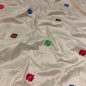 Silk faille fabric in light egg green with raised colored flocked daisies - by the yard - 100% silk - 55" WIDE - EP Silk #623