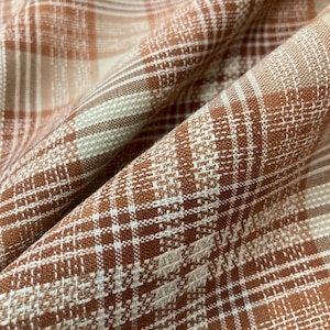 Homespun Yarn Dyed Woven Cotton Plaid Fabric - Rust Red, Cream, Brown Shades & Beige - Brown Plaid - 45" Wide - by the yard - EP Cotton #455
