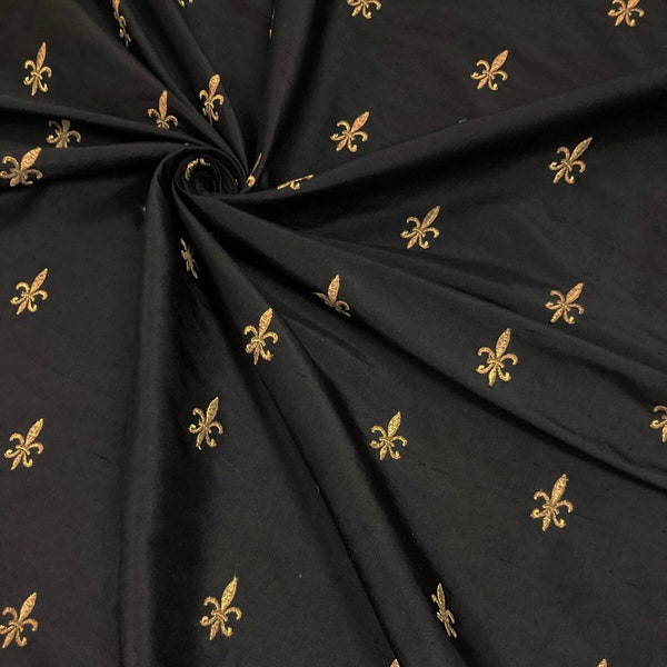 Brand NEW!! Silk Fabric - Black with Embroidered Gold Fleur de Lis motifs throughout - Silk shantung - by the yard, 54" WIDE - EP Silk #580