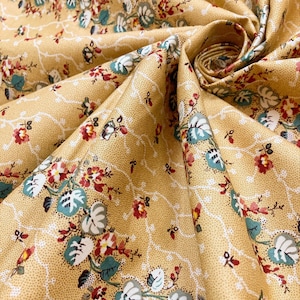 Cotton Reproduction Fabric - Floral September Stripes on Honeycomb Yellow - Summer - 1825-1870 - by the yard - 45" WIDE - EP Cotton #438