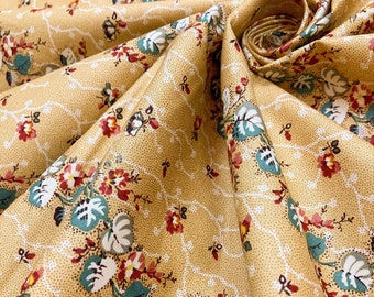 Cotton Reproduction Fabric - Floral September Stripes on Honeycomb Yellow - Summer - 1825-1870 - by the yard - 45&quot; WIDE - EP Cotton #438