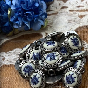 NEW!! Porcelain look buttons - Blue and White Rose with Silver edging - Dirndl - 14.5mm/5/8" diameter - 6, 8, 10, or 15 piece lot