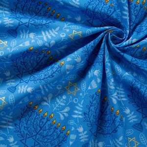 Hanukkah Cotton Fabric - Menorah Festival of Lights - Blue on blue with gold - by the yard - 45&quot; WIDE - 100% Cotton -EP #733