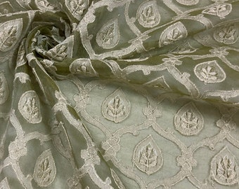 Silk Organza embroidered in cotton and rayon - Green tint leaf pattern - By the yard -  Silk ground - 44" Wide - EP Silk #584