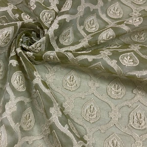 Silk Organza embroidered in cotton and rayon - Green tint leaf pattern - By the yard -  Silk ground - 44" Wide - EP Silk #584