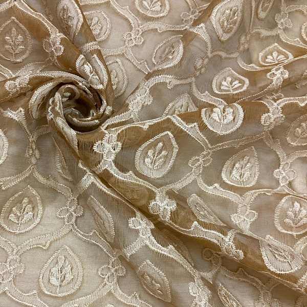Silk Organza embroidered in cotton and rayon - Beige tint leaf pattern - By the yard -  Silk ground - 44" Wide - EP Silk #583