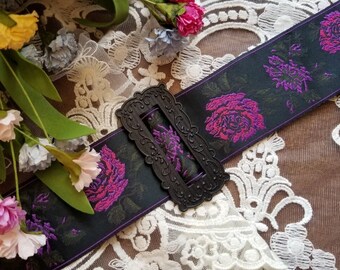 NEW!! 2" wide Black/Pink/Purple Floral Jacquard Belting Ribbon to fit the "Fleur" and "Bee" Buckles! Please choose the length you want!