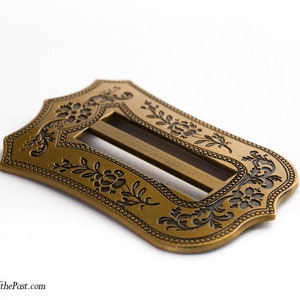 BRASS - Antique Gold Mid 19th-Century Reproduction Buckle - Ensembles of the Past - &quot;Shield&quot; - 1825-1870 - Fits a 1.5&quot; ribbon/belt