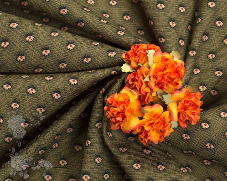 Green Floral "Diaper Print" Calico Fabric – 1800-1870 Reproduction by the yard - 45" WIDE - EP Cotton #848 image 3