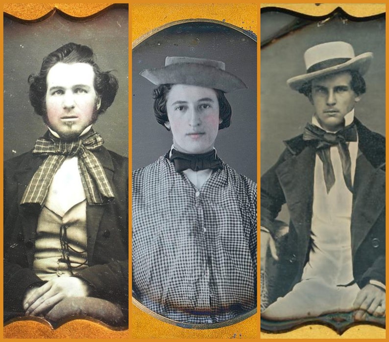 Puede incluir: Tres fotograf&iacute;as antiguas de ferrotipo de hombres con atuendo formal. Los hombres llevan sombreros, corbatas de lazo y chaquetas. Las fotograf&iacute;as est&aacute;n en marcos ovalados con bordes dorados.