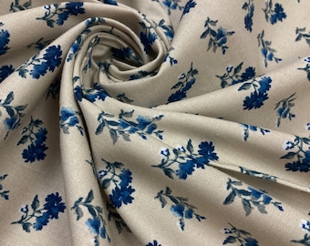 Brand NEW!! Cotton Reproduction Fabric - Beautiful Blue and Beige Floral Medley - 1830-1870 - by the yard, 45" WIDE - EP Cotton #604