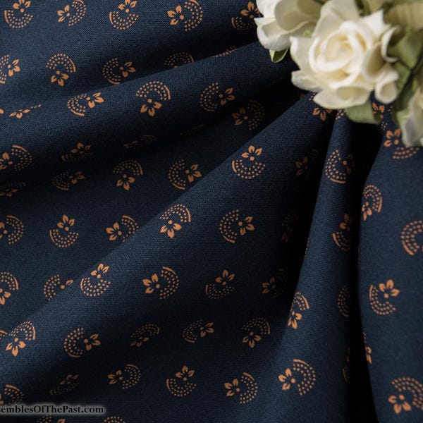 Tela de algodón de reproducción - Motivos mostaza sobre índigo - Estampado simple - 1810-1900 - Corte a medida - 45" de ancho - Algodón EP n.° 795