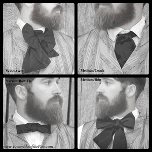 Puede incluir: Una imagen en blanco y negro que muestra cuatro formas diferentes de atar una corbata de lazo. La imagen muestra un ascot ancho, una corbata de lazo estrecha, una corbata de lazo coach mediana y una corbata de lazo mediana.