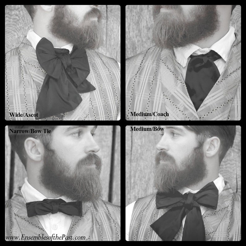 Puede incluir: Una imagen en blanco y negro que muestra cuatro formas diferentes de atar una corbata de lazo. La imagen muestra un ascot ancho, una corbata de lazo estrecha, una corbata de lazo coach mediana y una corbata de lazo mediana.