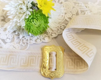1-5/8" wide White/Ivory Greek Key Belting Ribbon to fit the "Shield" Reproduction Buckles! Please choose the length you want!