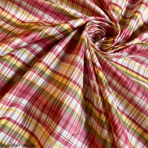 Silk Fabric - Pink Plaid Taffeta - Bright Pink, White, Green, Yellow Cross Bar Check - 100% Silk,  By the yard, 55" Wide, EP #392