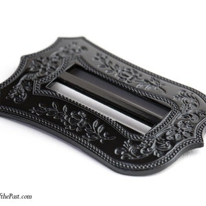 Gloss BLACK Japanned - Mid 19th-Century Reproduction Buckle - Ensembles of the Past - &quot;Shield&quot; - 1825-1870 - Fits a 1.5&quot; ribbon/belt