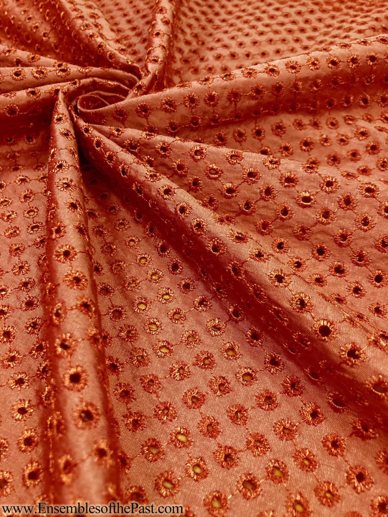Rust Color Silk Eyelet Silk Fabric in Rust Red - Silk Shantung With Machined Eyelets ...