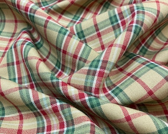 Homespun Yarn Dyed Woven Cotton Fabric in beige, green, & red plaid - Christmas or summer - by the yard - 45" Wide - EP Cotton #491