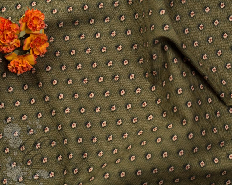 Green Floral "Diaper Print" Calico Fabric – 1800-1870 Reproduction by the yard - 45" WIDE - EP Cotton #848 image 2